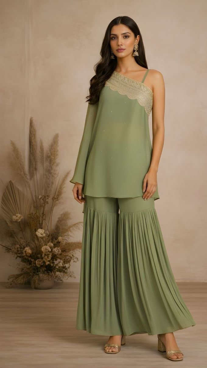 Mehreen Set- Sage One-Shoulder Top with Sharara