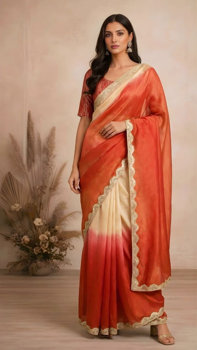 Sandhya Saree- Ivory to Rust Ombré