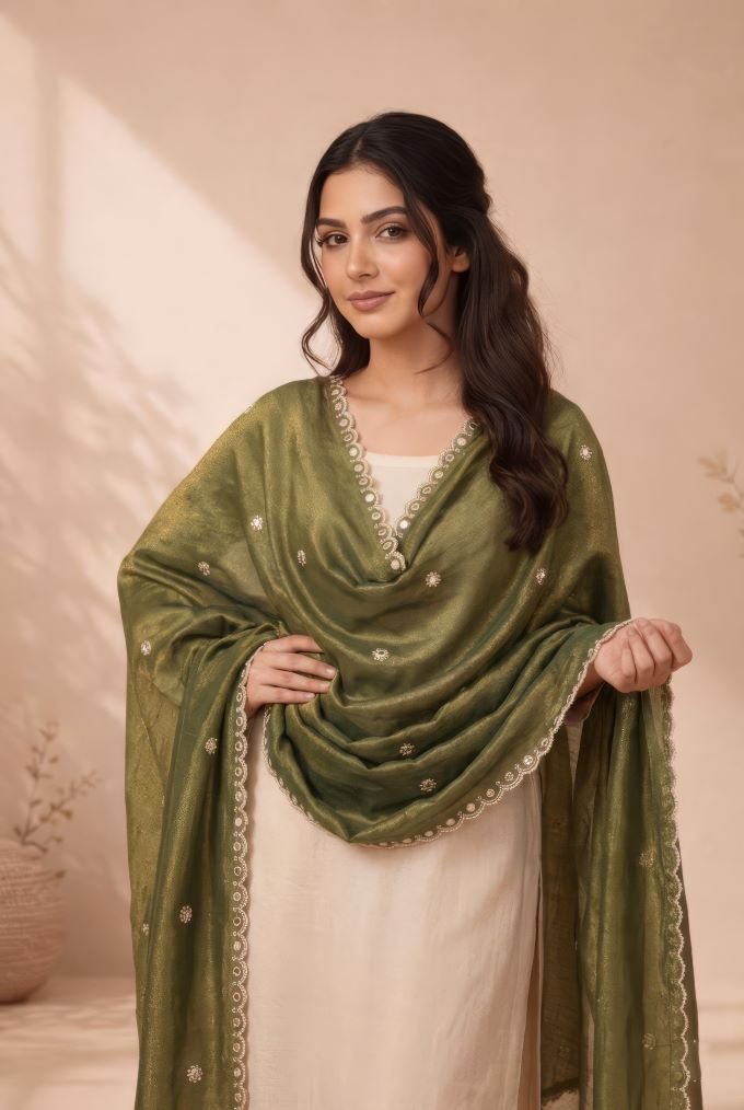 Olive Silk Dupatta with Mirror Buttis & Lace Border